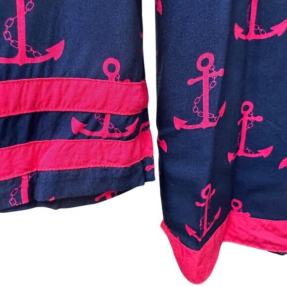 Escapada Tunic Blouse Medium Nautical Anchors Navy Blue Pink Rayon Womens Top - Picture 7 of 9